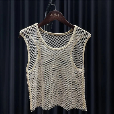 Mrežaste majice s kristalnim dijamantom za žene Mali prsluk, košulja s okruglim ovratnikom, mrežasta majica, uski kroj, skraćeni pupak, kratke ljetne djevojke