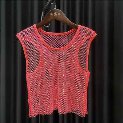 Mrežaste majice s kristalnim dijamantom za žene Mali prsluk, košulja s okruglim ovratnikom, mrežasta majica, uski kroj, skraćeni pupak, kratke ljetne djevojke
