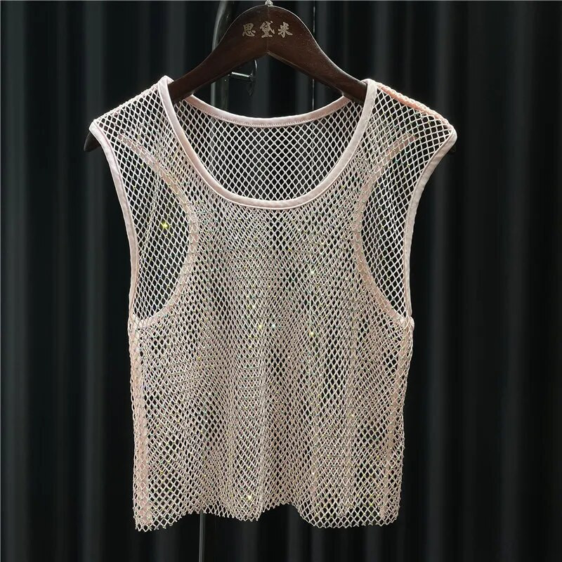 Mrežaste majice s kristalnim dijamantom za žene Mali prsluk, košulja s okruglim ovratnikom, mrežasta majica, uski kroj, skraćeni pupak, kratke ljetne djevojke