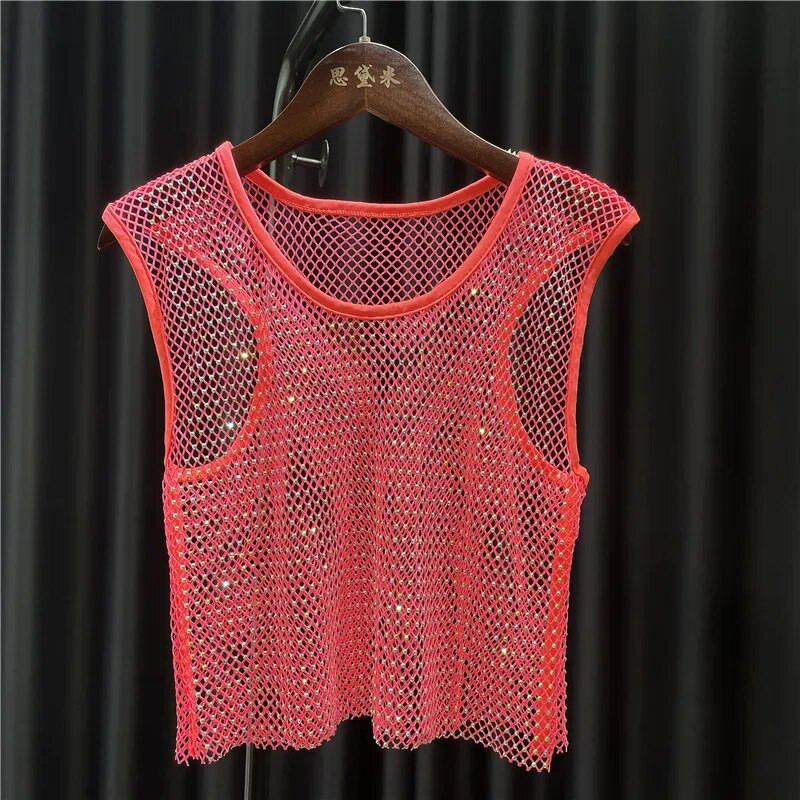 Mrežaste majice s kristalnim dijamantom za žene Mali prsluk, košulja s okruglim ovratnikom, mrežasta majica, uski kroj, skraćeni pupak, kratke ljetne djevojke