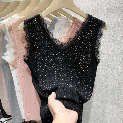 Hot Drill Ice Silk Lady Vest Women`s Summer Thin Knit Sleeveless Vest Top Lace Top Y2k Tops Women Clothing