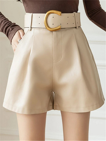 REALEFT Дамски къси панталони от PU кожа с колан 2023 Нови есенно-зимни стилни джобове Дамски елегантни ежедневни къси панталони Дамски