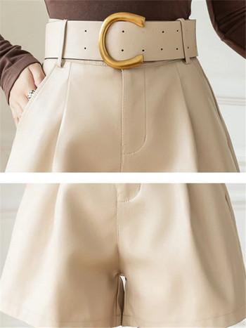 REALEFT Дамски къси панталони от PU кожа с колан 2023 Нови есенно-зимни стилни джобове Дамски елегантни ежедневни къси панталони Дамски
