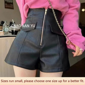 Eleganti slaidinoši sieviešu šorti ar augstu vidukli rudens/ziemas ārējai lietošanai. Modes A līnijas rāvējslēdzēja Pu ādas šorti