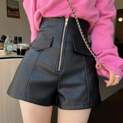 Eleganti slaidinoši sieviešu šorti ar augstu vidukli rudens/ziemas ārējai lietošanai. Modes A līnijas rāvējslēdzēja Pu ādas šorti