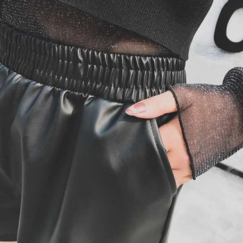 2023 Дамски черни къси панталони от изкуствена кожа с висока талия и широки крачоли Къси висококачествени зимни широки къси панталони от изкуствена кожа 3XL