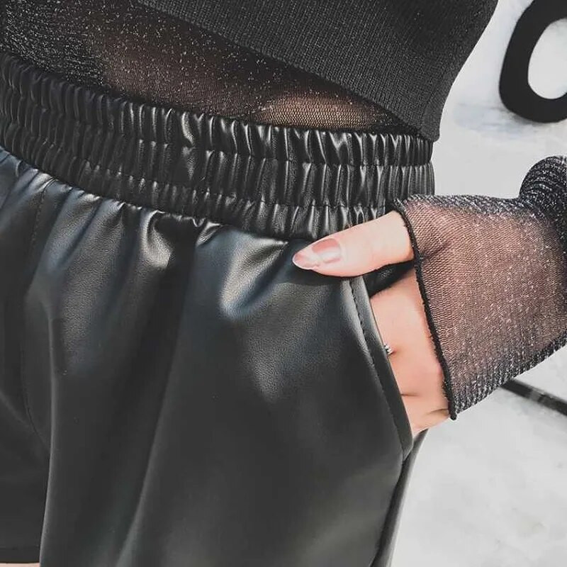 2023. Ženske crne kratke hlače od umjetne kože visokog struka, kratke hlače od umjetne kože visokog struka, visokokvalitetne zimske široke kratke hlače od umjetne kože 3XL