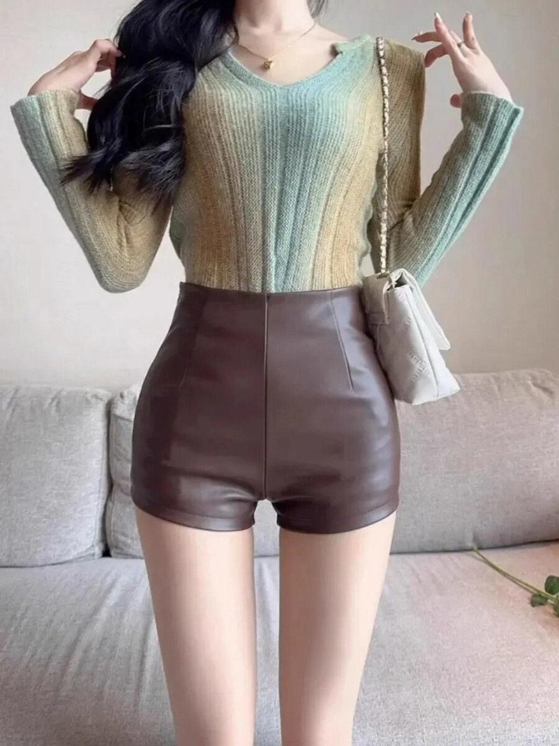 Jesen Zima Kratke hlače od pu kože, ženske hlače s visokim strukom za mršavljenje, seksi zgodne djevojačke vruće hlačice u korejskom stilu, ležerni stil