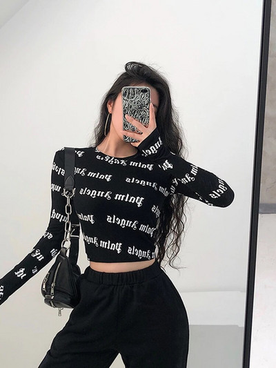 Tavaszi női Harajuku Y2k nyomtatott O-nyakú Crop felsők Bodycon hosszú ujjú póló Utcai ruházat Hangulatos design Grafikus High Street divat