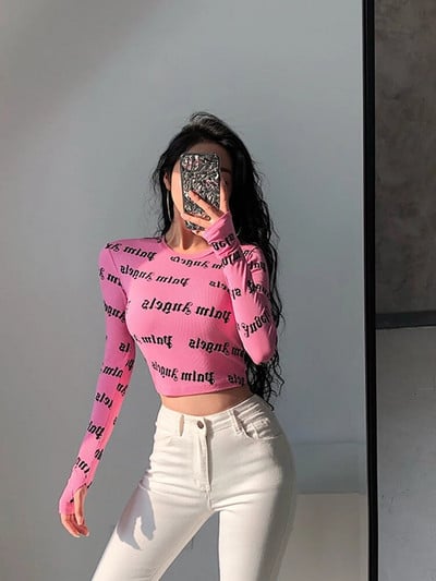Tavaszi női Harajuku Y2k nyomtatott O-nyakú Crop felsők Bodycon hosszú ujjú póló Utcai ruházat Hangulatos design Grafikus High Street divat