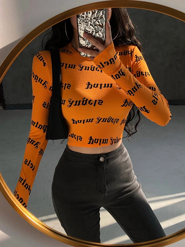 Tavaszi női Harajuku Y2k nyomtatott O-nyakú Crop felsők Bodycon hosszú ujjú póló Utcai ruházat Hangulatos design Grafikus High Street divat