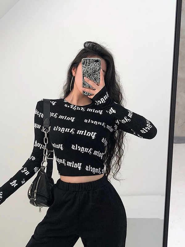 Tavaszi női Harajuku Y2k nyomtatott O-nyakú Crop felsők Bodycon hosszú ujjú póló Utcai ruházat Hangulatos design Grafikus High Street divat