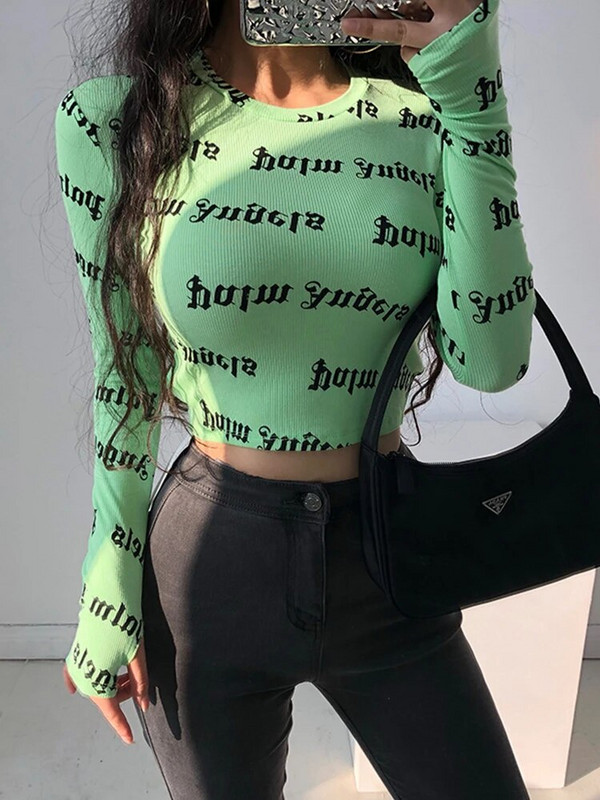 Tavaszi női Harajuku Y2k nyomtatott O-nyakú Crop felsők Bodycon hosszú ujjú póló Utcai ruházat Hangulatos design Grafikus High Street divat