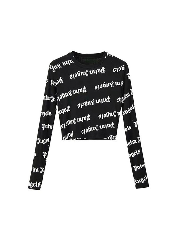 Tavaszi női Harajuku Y2k nyomtatott O-nyakú Crop felsők Bodycon hosszú ujjú póló Utcai ruházat Hangulatos design Grafikus High Street divat