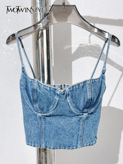 TWOTWINSTYLE Denim Minimalist Tank Tops For Women Square Collar Sleeveless Casual Sexy Summer Vest Female Fashion Style Clothing