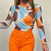Novo u Tye Dye Seksi majice Ženske majice s punim rukavima i visokim izrezom Jesen Proljetna odjeća Puloveri Ležerne majice Ženska odjeća
