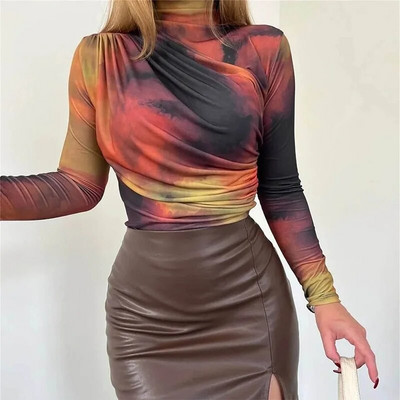 Novo u Tye Dye Seksi majice Ženske majice s punim rukavima i visokim izrezom Jesen Proljetna odjeća Puloveri Ležerne majice Ženska odjeća