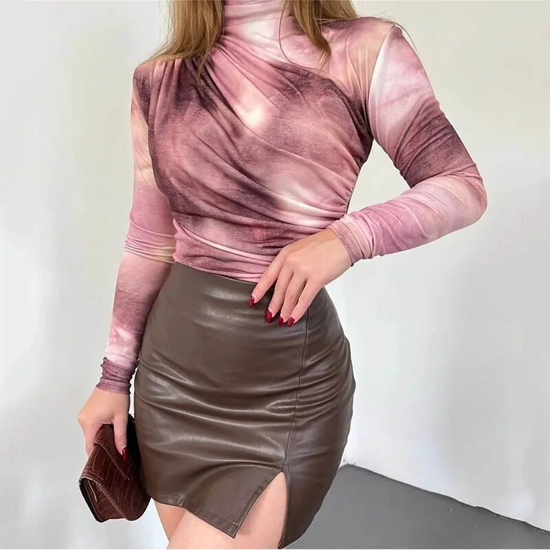 Novo u Tye Dye Seksi majice Ženske majice s punim rukavima i visokim izrezom Jesen Proljetna odjeća Puloveri Ležerne majice Ženska odjeća