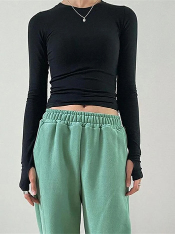 Γυναικεία ανοιξιάτικα φθινοπωρινά y2k κοκαλιάρικα μακρυμάνικα μπλουζάκια με τρύπα αντίχειρα με λαιμόκοψη στερεά λεπτή εφαρμογή Basic Crop Tops Tees Streetwear