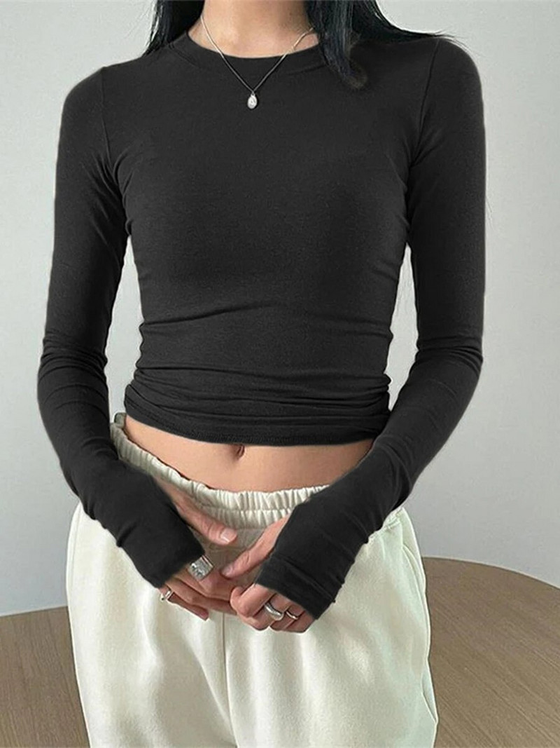 Ženske proljeće jesen y2k uske majice dugih rukava s rupom za palac okruglim izrezom jednobojne uske kratke kratke majice majice ulične odjeće