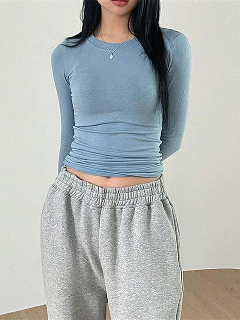 Ženske proljeće jesen y2k uske majice dugih rukava s rupom za palac okruglim izrezom jednobojne uske kratke kratke majice majice ulične odjeće