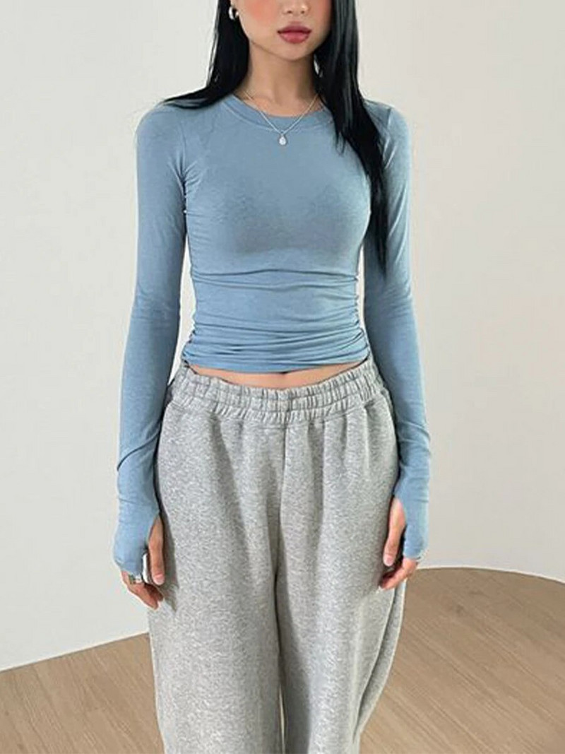 Ženske proljeće jesen y2k uske majice dugih rukava s rupom za palac okruglim izrezom jednobojne uske kratke kratke majice majice ulične odjeće