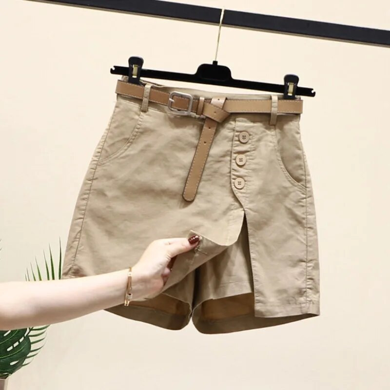 Pamut Alkalmi rövidnadrág Női Egyszínű Nyári Koreai Divat A-vonalú nadrág Elasztikus deréköv Oldalsó hasított gombok