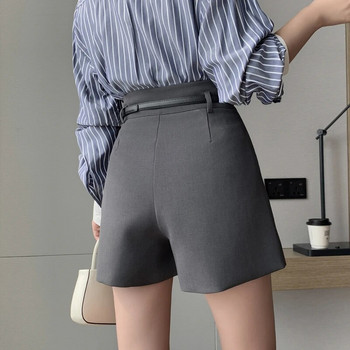 Сиви работни OL къси панталони с висока талия с колан 2023 Есенни ежедневни костюми Дамски широки къси панталони от плат