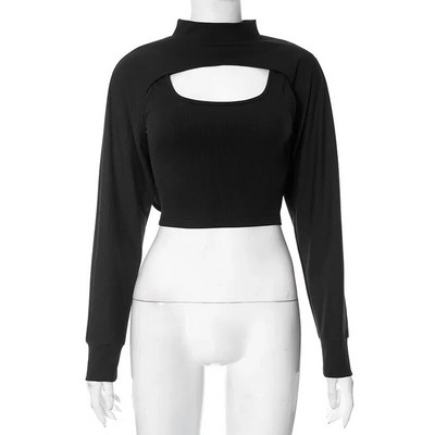 CM.YAYA női divatos kötött bordás mellény felső és hosszú ujjú Crop takarók két 2 részes készlet