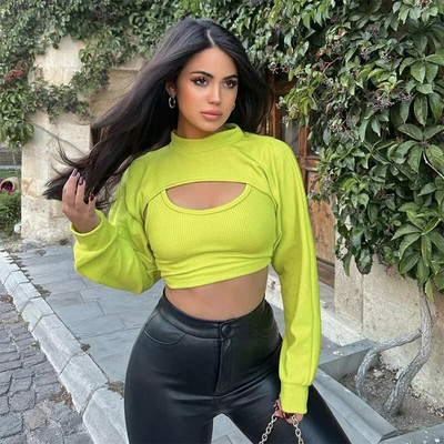 CM.YAYA női divatos kötött bordás mellény felső és hosszú ujjú Crop takarók két 2 részes készlet