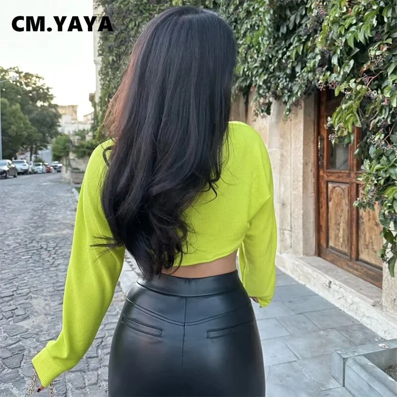 CM.YAYA női divatos kötött bordás mellény felső és hosszú ujjú Crop takarók két 2 részes készlet