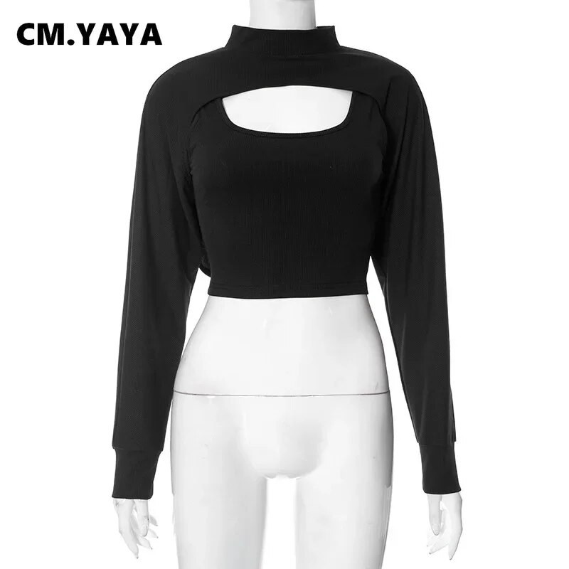 CM.YAYA női divatos kötött bordás mellény felső és hosszú ujjú Crop takarók két 2 részes készlet