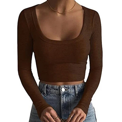 Jauni rievoti trikotāžas topi Sieviešu Basic Tees Scoop Collar Crop T-krekli Sieviešu Sexy Bodycon Garām piedurknēm Slim T krekli Uzvalki G1024