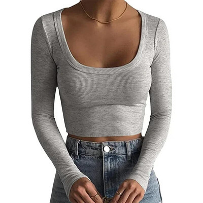 Jauni rievoti trikotāžas topi Sieviešu Basic Tees Scoop Collar Crop T-krekli Sieviešu Sexy Bodycon Garām piedurknēm Slim T krekli Uzvalki G1024