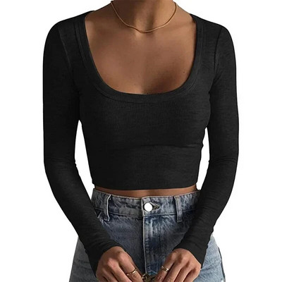 Jauni rievoti trikotāžas topi Sieviešu Basic Tees Scoop Collar Crop T-krekli Sieviešu Sexy Bodycon Garām piedurknēm Slim T krekli Uzvalki G1024