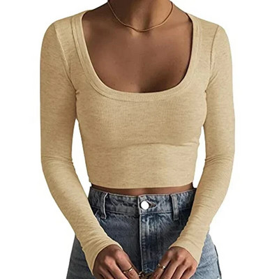Jauni rievoti trikotāžas topi Sieviešu Basic Tees Scoop Collar Crop T-krekli Sieviešu Sexy Bodycon Garām piedurknēm Slim T krekli Uzvalki G1024