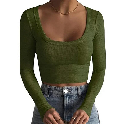 Jauni rievoti trikotāžas topi Sieviešu Basic Tees Scoop Collar Crop T-krekli Sieviešu Sexy Bodycon Garām piedurknēm Slim T krekli Uzvalki G1024