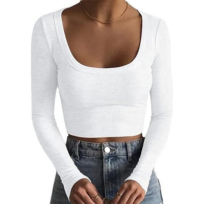 Jauni rievoti trikotāžas topi Sieviešu Basic Tees Scoop Collar Crop T-krekli Sieviešu Sexy Bodycon Garām piedurknēm Slim T krekli Uzvalki G1024
