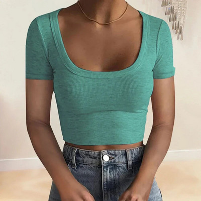 Jauni rievoti trikotāžas topi Sieviešu Basic Tees Scoop Collar Crop T-krekli Sieviešu Sexy Bodycon Garām piedurknēm Slim T krekli Uzvalki G1024