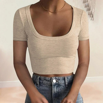 Jauni rievoti trikotāžas topi Sieviešu Basic Tees Scoop Collar Crop T-krekli Sieviešu Sexy Bodycon Garām piedurknēm Slim T krekli Uzvalki G1024