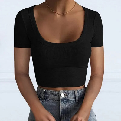 Jauni rievoti trikotāžas topi Sieviešu Basic Tees Scoop Collar Crop T-krekli Sieviešu Sexy Bodycon Garām piedurknēm Slim T krekli Uzvalki G1024