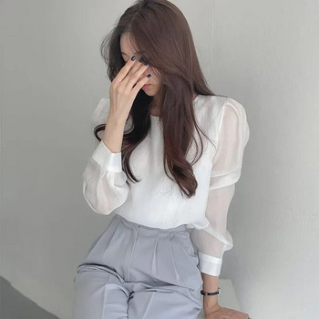 Μόδα Στρογγυλή λαιμόκοψη Ευέλικτο μακρυμάνικο λευκό πουκάμισο με προοπτική Camisas Μπλούζα Loose Tops Mujer Αντηλιακό Blusas New