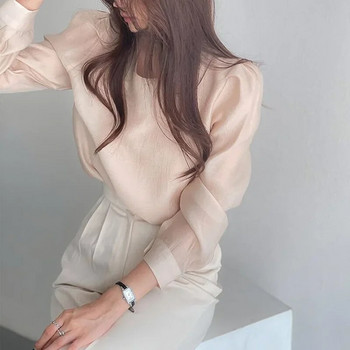 Μόδα Στρογγυλή λαιμόκοψη Ευέλικτο μακρυμάνικο λευκό πουκάμισο με προοπτική Camisas Μπλούζα Loose Tops Mujer Αντηλιακό Blusas New