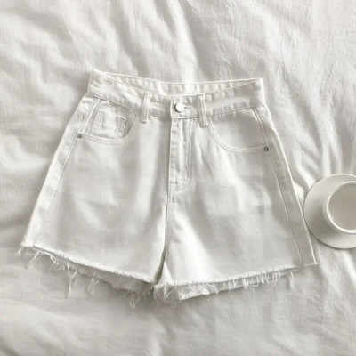 Koreai, magas derekú, nyers szegélyű farmer rövidnadrág, női 2024 nyár, új alapgombos zseb farmer rövidnadrág utcai farmernadrág