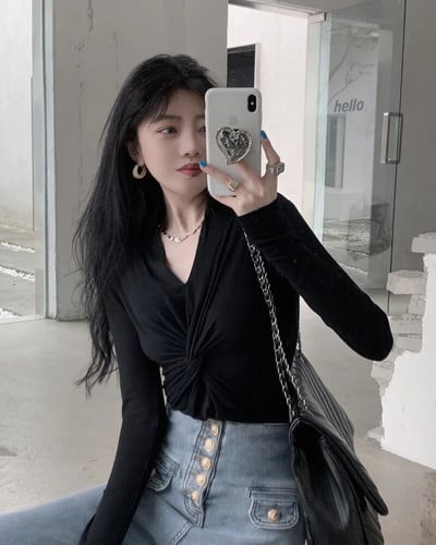 Módne dámske tričká s dlhým rukávom a hlbokým výstrihom do V, veľkosť S-2XL, kancelárske dámske sexy topy, jednofarebné tričko, oblečenie, párty, kanonické