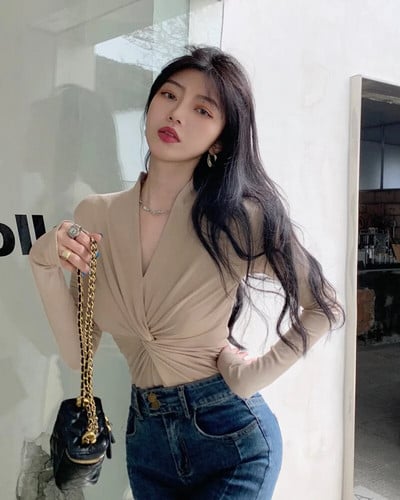 Módne dámske tričká s dlhým rukávom a hlbokým výstrihom do V, veľkosť S-2XL, kancelárske dámske sexy topy, jednofarebné tričko, oblečenie, párty, kanonické