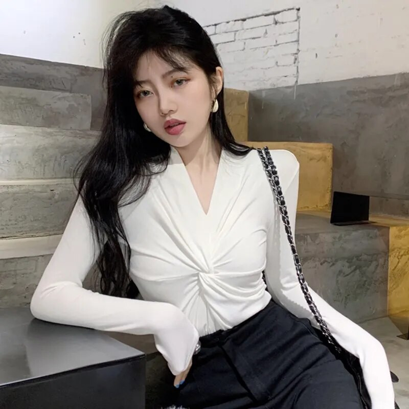 Módne dámske tričká s dlhým rukávom a hlbokým výstrihom do V, veľkosť S-2XL, kancelárske dámske sexy topy, jednofarebné tričko, oblečenie, párty, kanonické