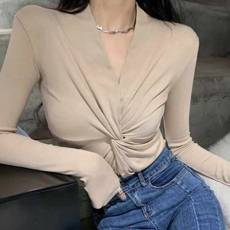 Módne dámske tričká s dlhým rukávom a hlbokým výstrihom do V, veľkosť S-2XL, kancelárske dámske sexy topy, jednofarebné tričko, oblečenie, párty, kanonické