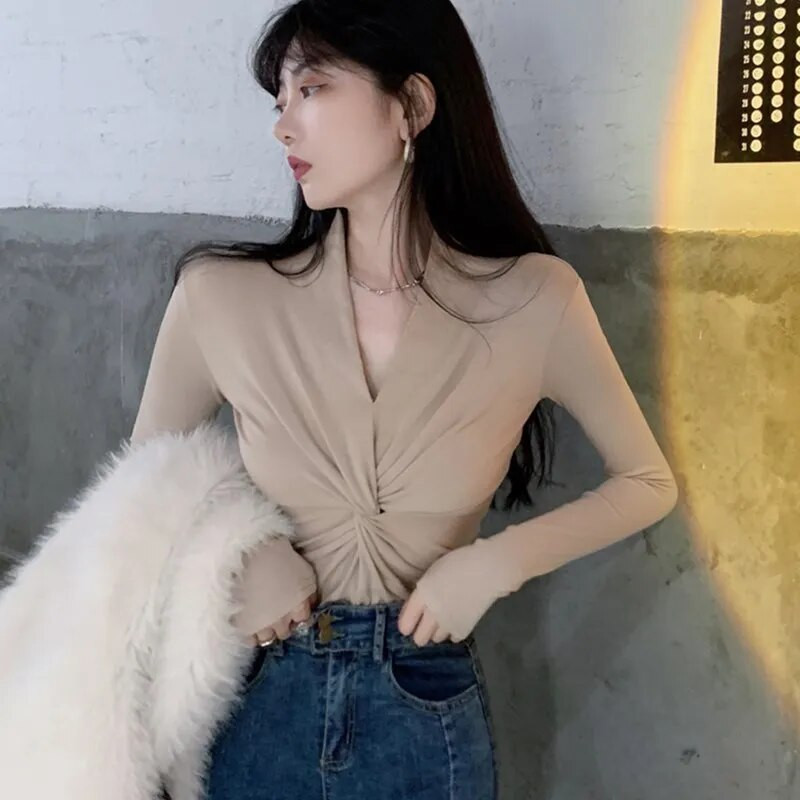 Módne dámske tričká s dlhým rukávom a hlbokým výstrihom do V, veľkosť S-2XL, kancelárske dámske sexy topy, jednofarebné tričko, oblečenie, párty, kanonické