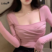 Seksualūs, ploni, sulenkti kvadratinė apykakle, moteriški marškinėliai pavasario rudeniui, visiems tinkantys Paprasti vienspalviai viršutiniai drabužiai ilgomis rankovėmis, moteriški drabužiai